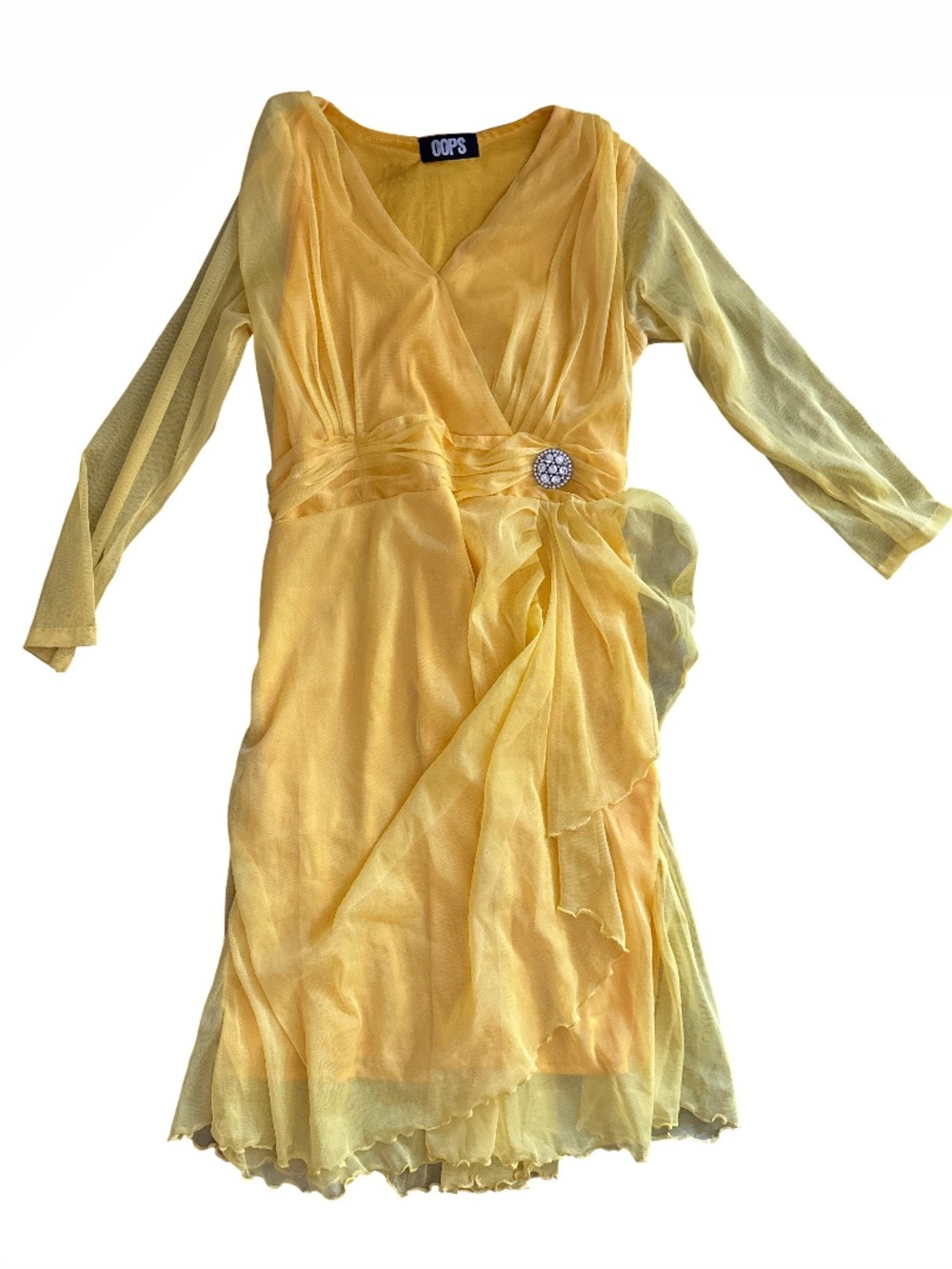 Yellow V-Neck Chiffon Wrap Dress with Decorative Brooch